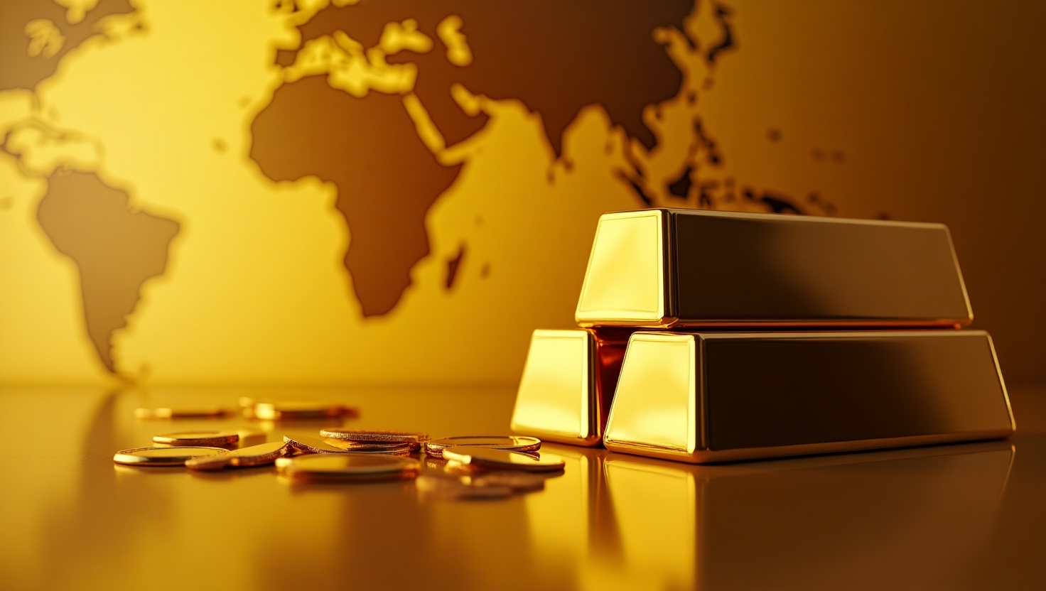 Close-up of stacked gold bars with a world map background