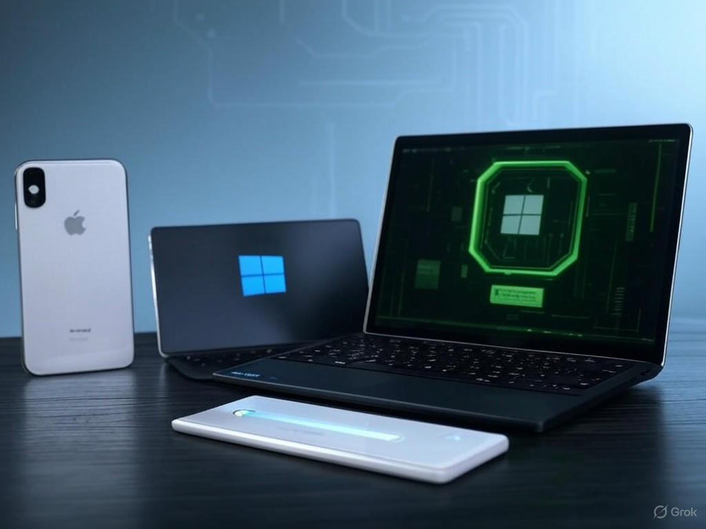 Collage of Apple, Microsoft, NVIDIA, and Alphabet products with a futuristic background
